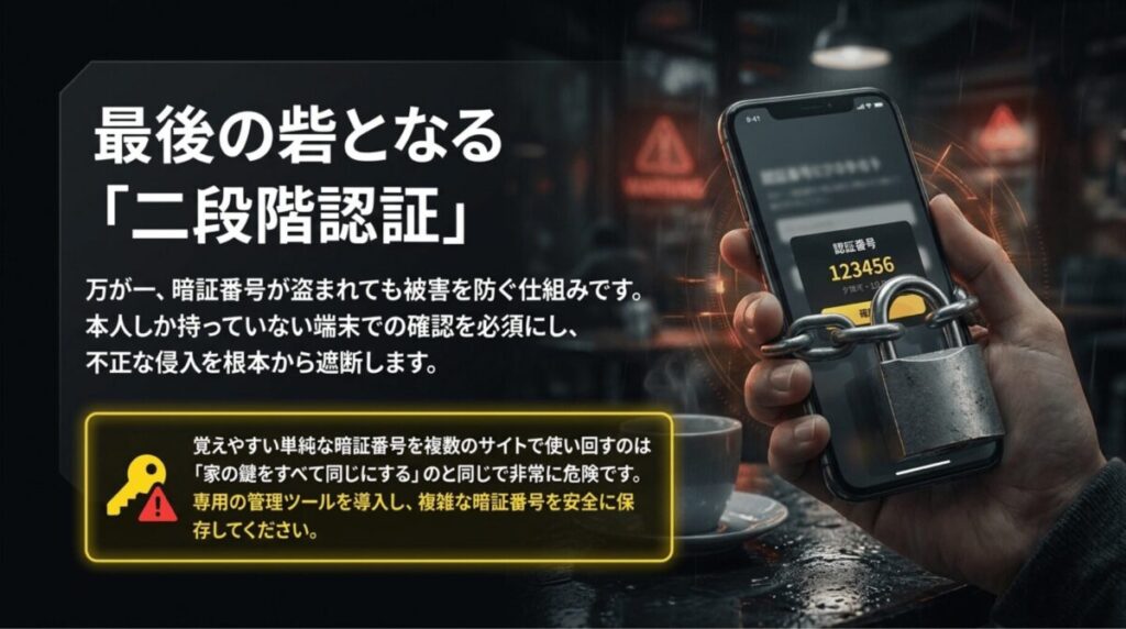 二段階認証で不正ログインを防ぎ、パスワードマネージャー活用の重要性を伝えるスライド