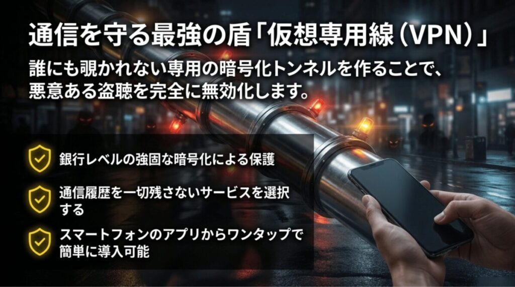 VPNを暗号化トンネルに見立て、盗聴対策やノーログ、アプリ導入の手軽さを説明するスライド