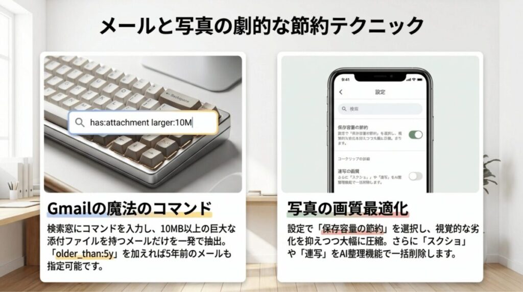 左側にGmail検索コマンド「has:attachment larger:10M」、右側にスマートフォンの保存容量節約設定を表示し、メールと写真の容量削減方法を示したスライド