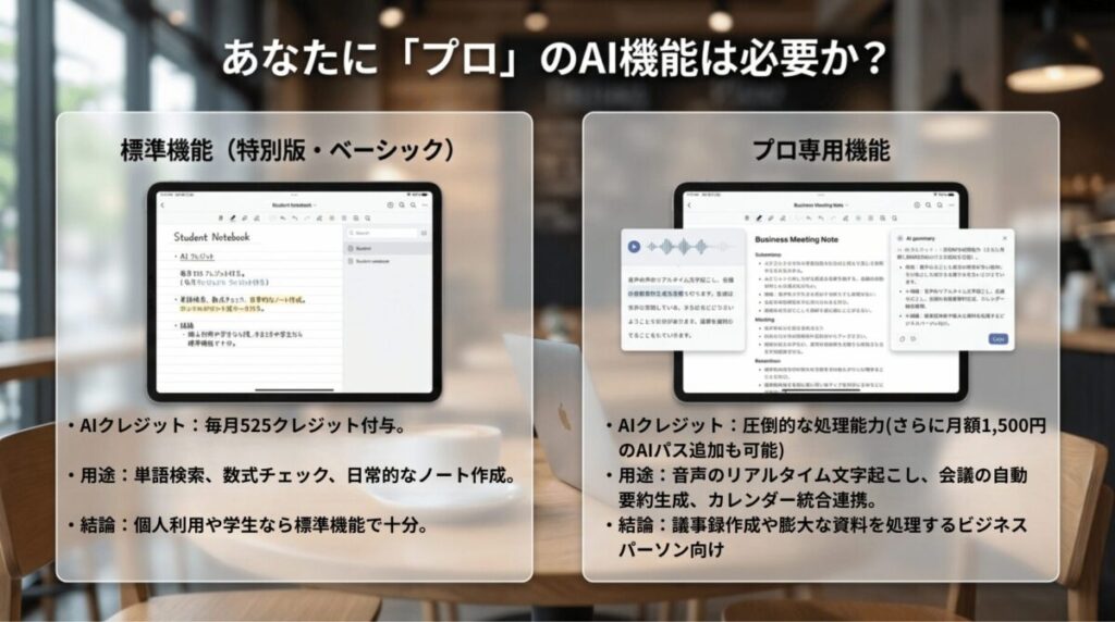 標準機能とプロ専用AI機能の違い、AIクレジットとAIパスの使いどころを比較したスライド