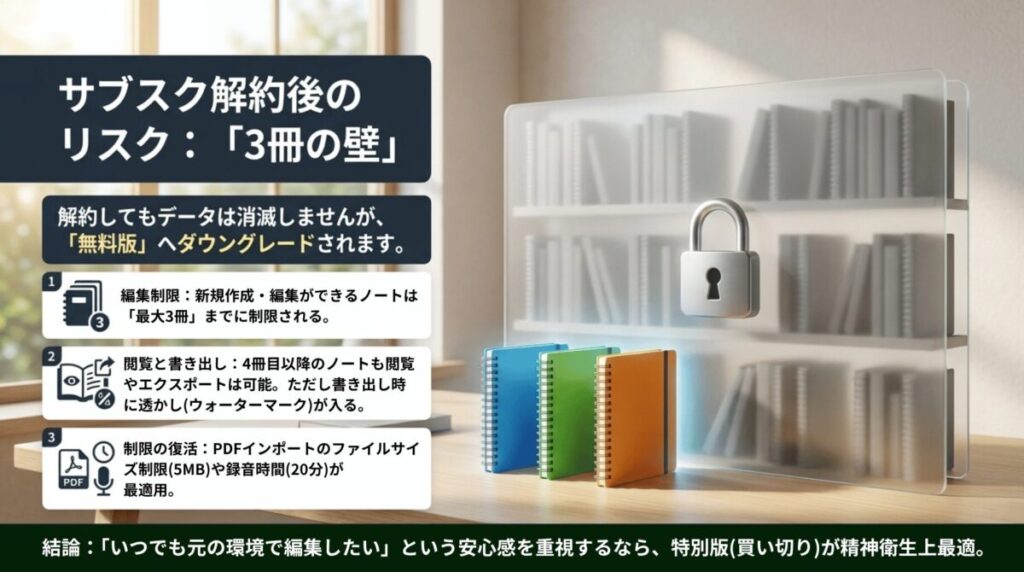 Goodnotes 6のサブスク解約後に発生する3冊制限、書き出し制限、録音制限をまとめたスライド