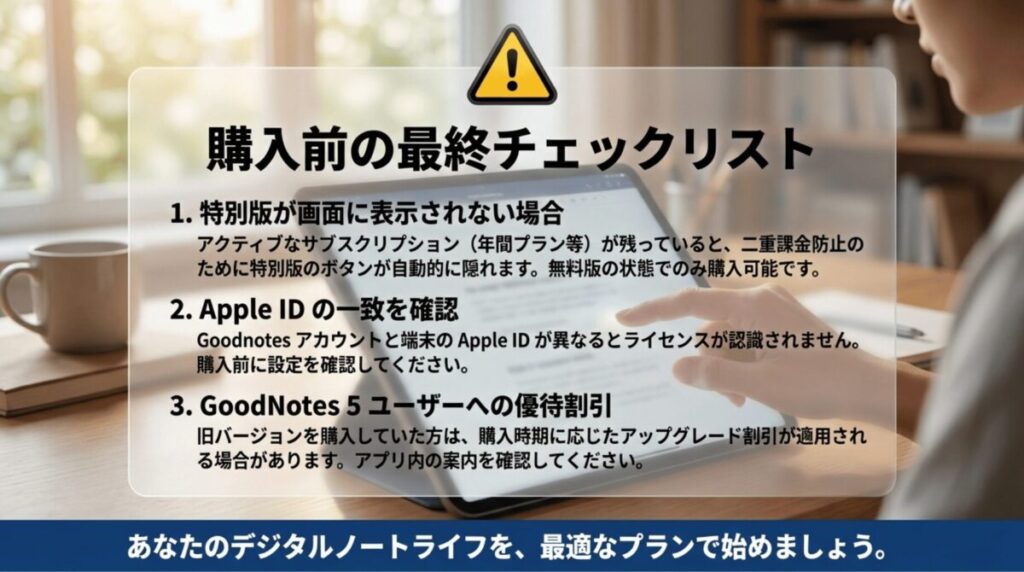 特別版が表示されない原因、Apple ID確認、GoodNotes 5ユーザー向け割引をまとめた購入前チェックリスト