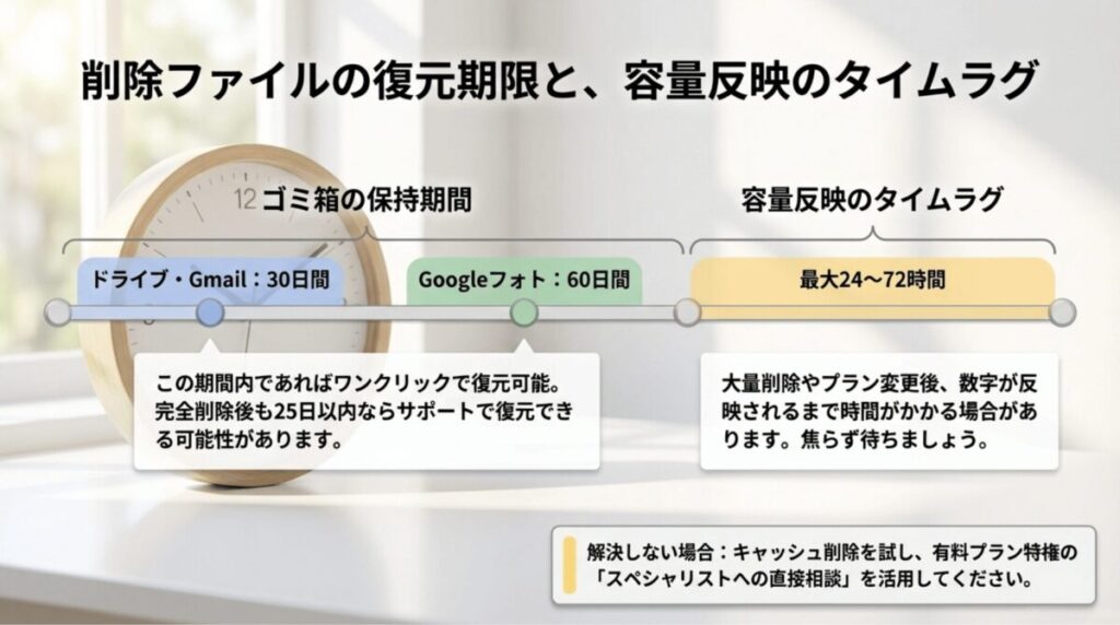 ドライブとGmailは30日、Googleフォトは60日の復元期限があり、容量反映には24〜72時間かかる場合があることをタイムラインで示したスライド