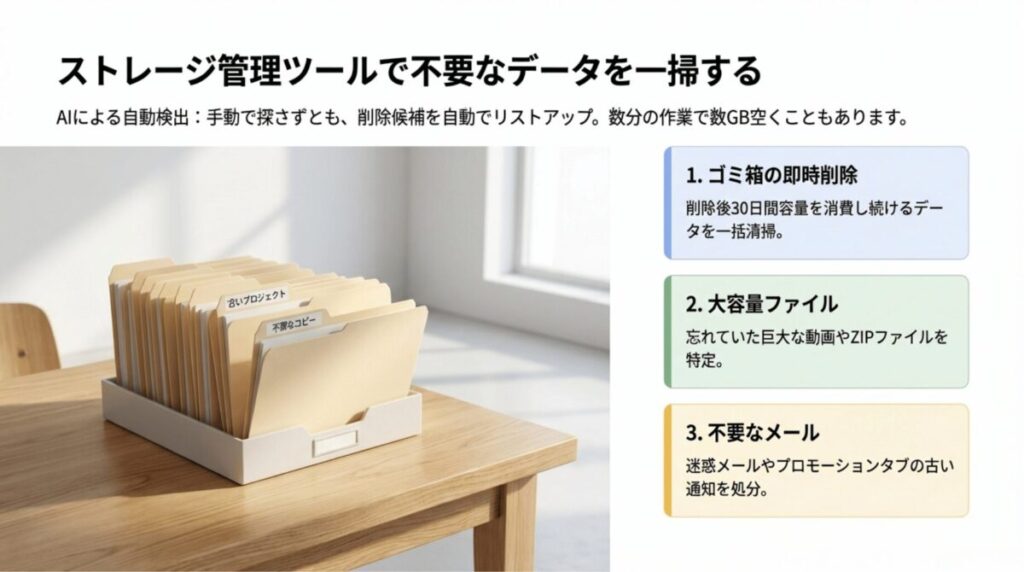 机の上のファイルボックスとともに、ゴミ箱の即時削除・大容量ファイル・不要メールの3項目でGoogle Oneの管理ツール活用法を説明したスライド