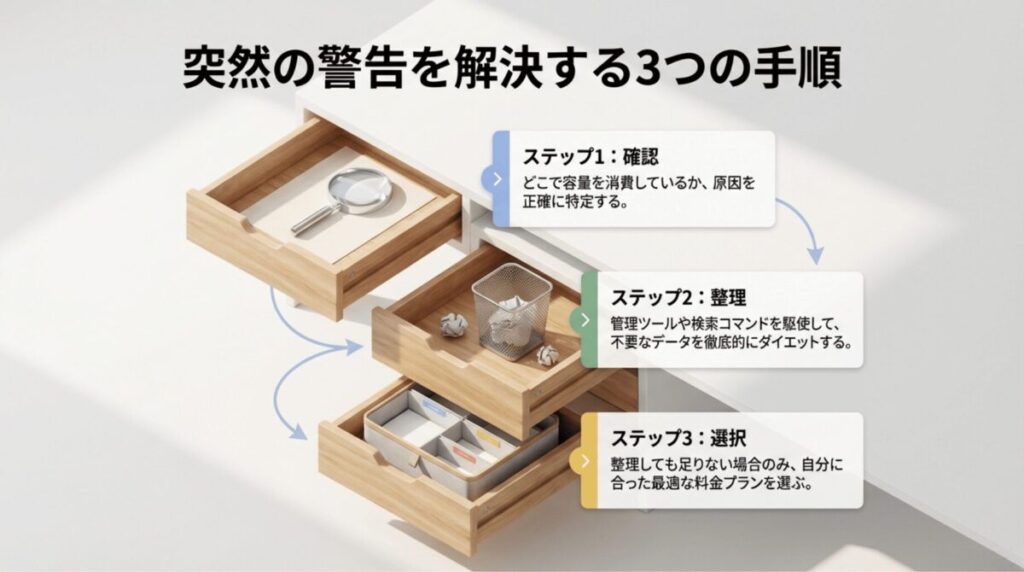引き出しを使った図で、Google Oneの容量不足対策を「確認」「整理」「選択」の3ステップで示した概要スライド