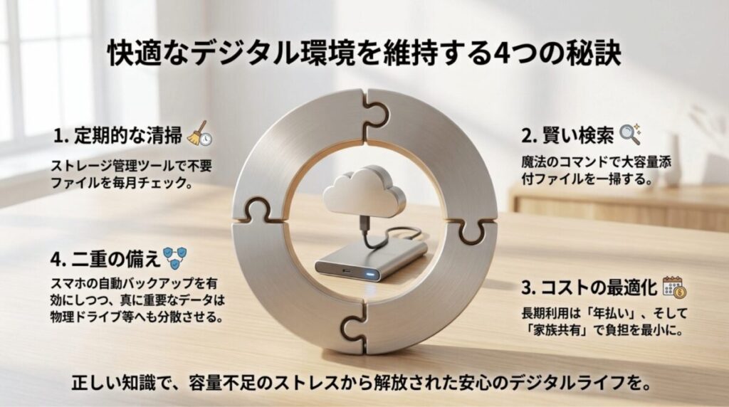 クラウド型ストレージを中心にした円形パズルの図とともに、定期清掃・賢い検索・コスト最適化・二重の備えという4つの管理ポイントを示したまとめスライド