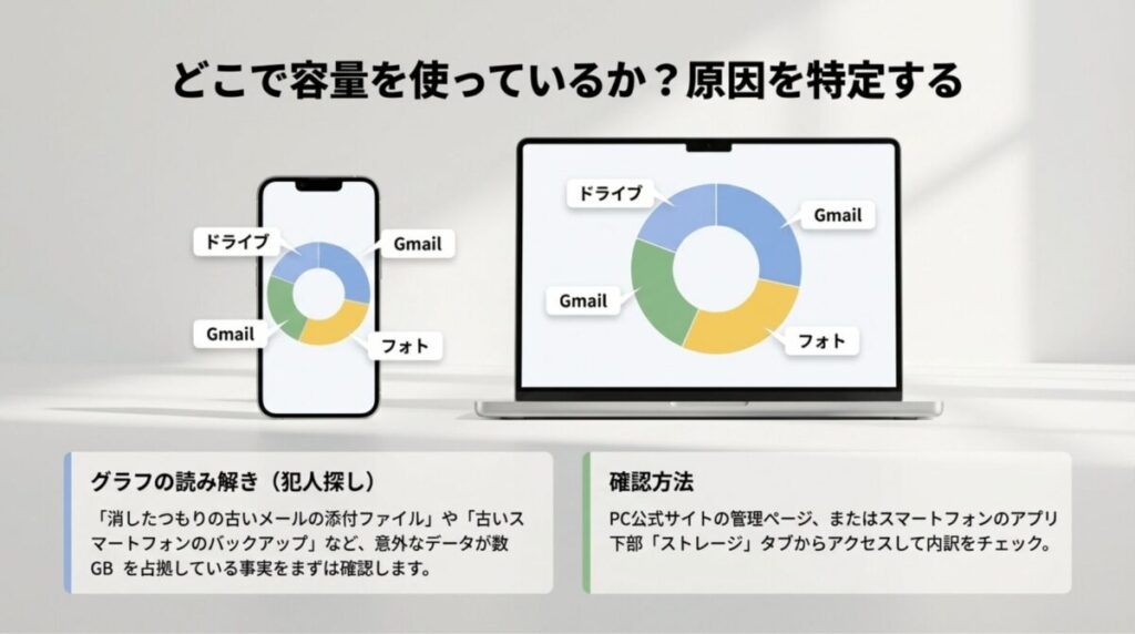 スマートフォンとノートPCの画面にドライブ・Gmail・フォトの使用割合グラフを表示し、Google Oneで容量の内訳を確認する方法を示したスライド