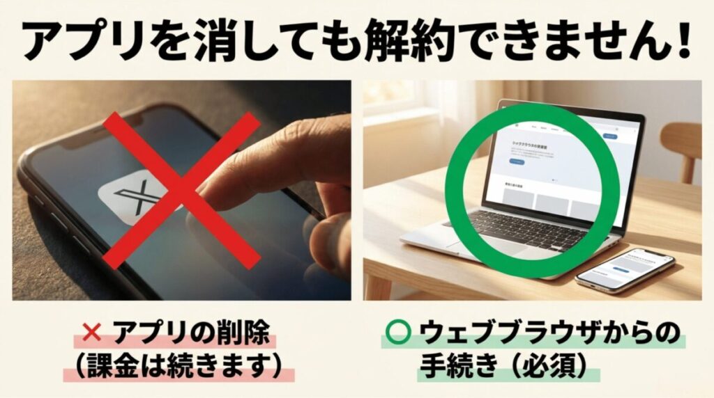 Kindleアプリを削除しても解約にはならず、ウェブブラウザからの手続きが必要であることを比較した注意画像