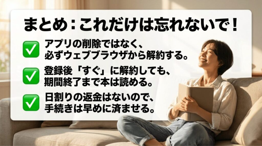 Kindle Unlimitedを解約する際はアプリ削除ではなくウェブブラウザで手続きし、期間終了まで読めることと日割り返金がないことをまとめた画像