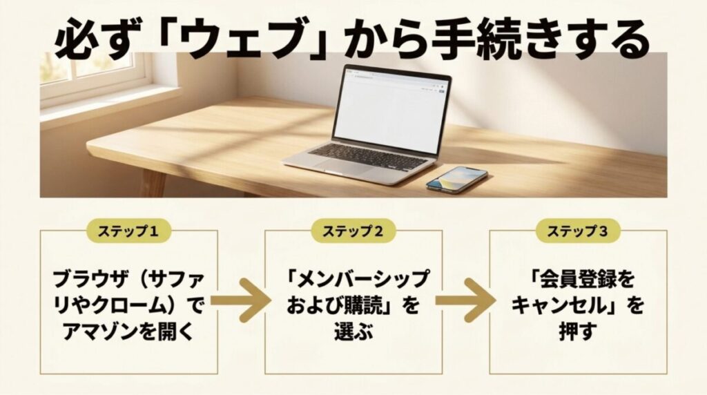 Kindle Unlimitedの解約はアプリではなくウェブブラウザからAmazonにアクセスして手続きする流れを示した図