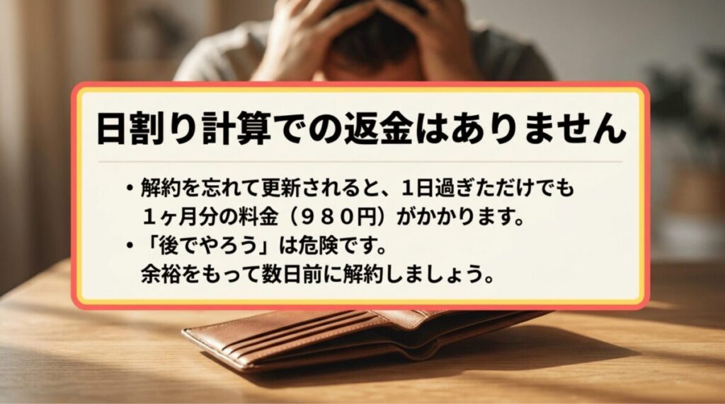 Kindle Unlimitedは更新後に1日過ぎただけでも月額料金が発生し、日割り返金がないため早めの解約が重要であることを伝える注意画像