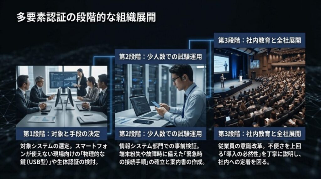多要素認証の導入を、対象システムと認証手段の決定、少人数での試験運用、社内教育と全社展開の3段階で整理したスライド。