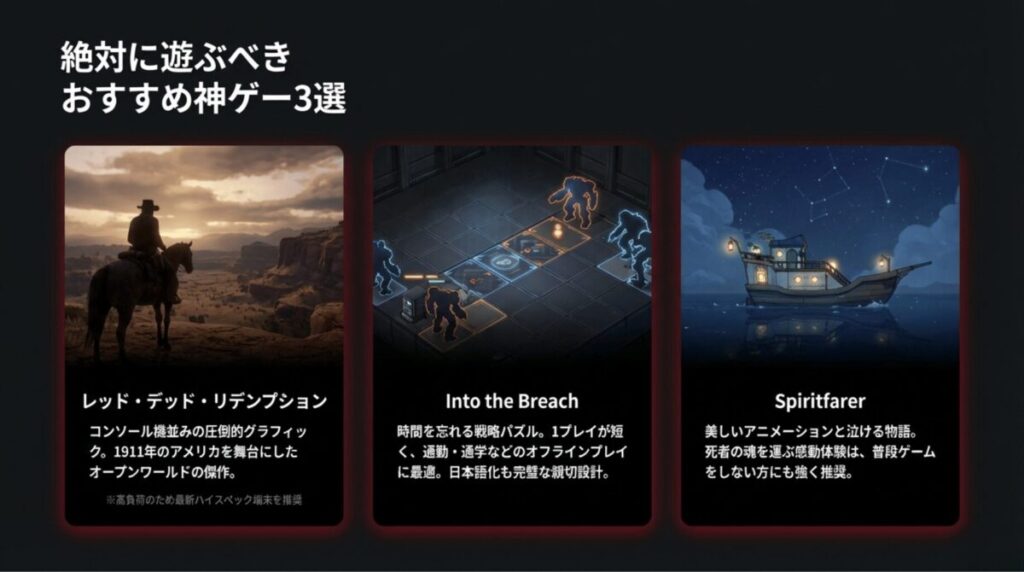 レッド・デッド・リデンプション、Into the Breach、Spiritfarerの3作品を並べ、それぞれの特徴を短く紹介したNetflixゲームおすすめランキングスライド