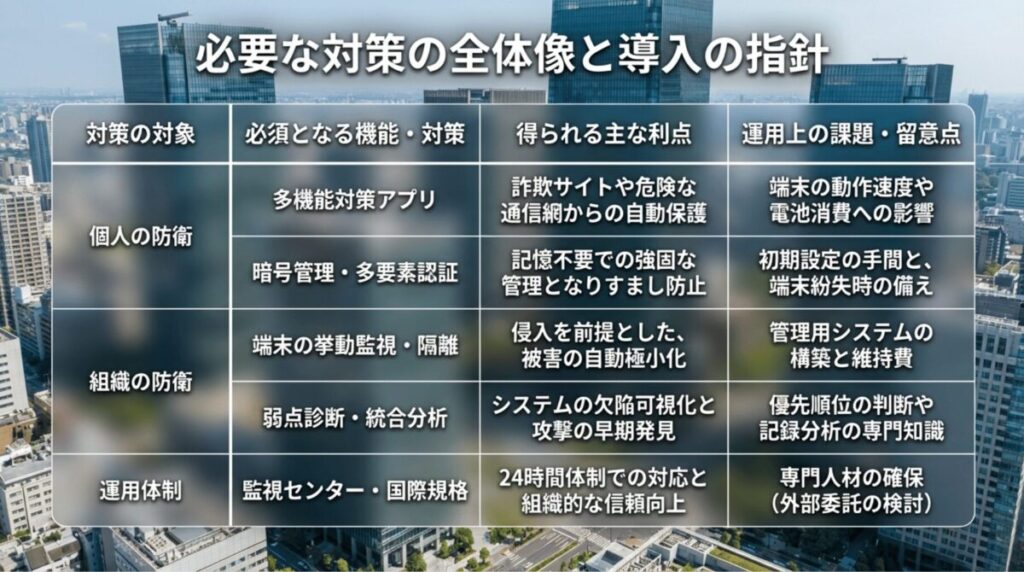 個人防衛、組織防衛、運用体制の3つの観点から、必要な対策、主な利点、運用上の課題や注意点を一覧表で整理した総括スライド。