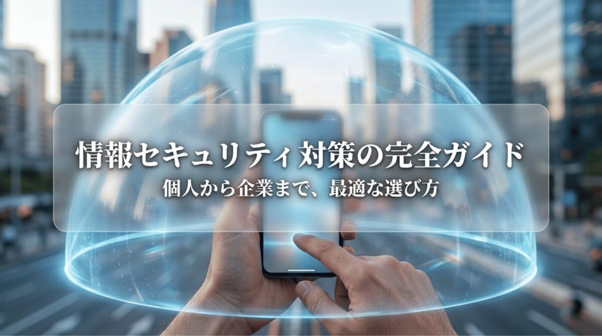 都市部でスマートフォンを操作する手元を透明な保護ドームが覆い、個人から企業までの情報セキュリティ対策を象徴している表紙スライド。