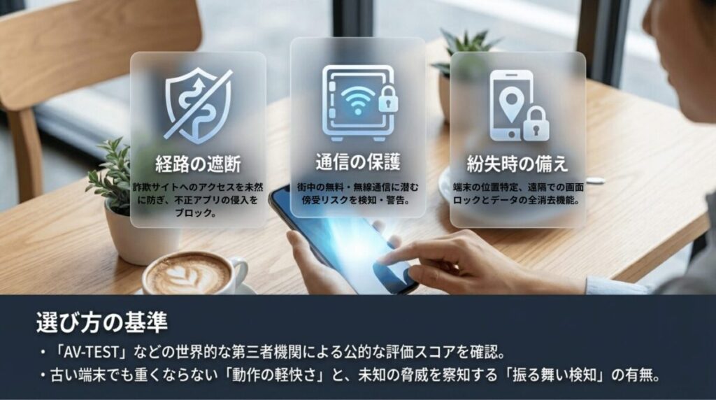 詐欺サイト遮断、通信保護、紛失対策といった基本機能に加え、第三者評価や動作の軽さ、未知の脅威への対応力といった選定基準を整理したスライド。