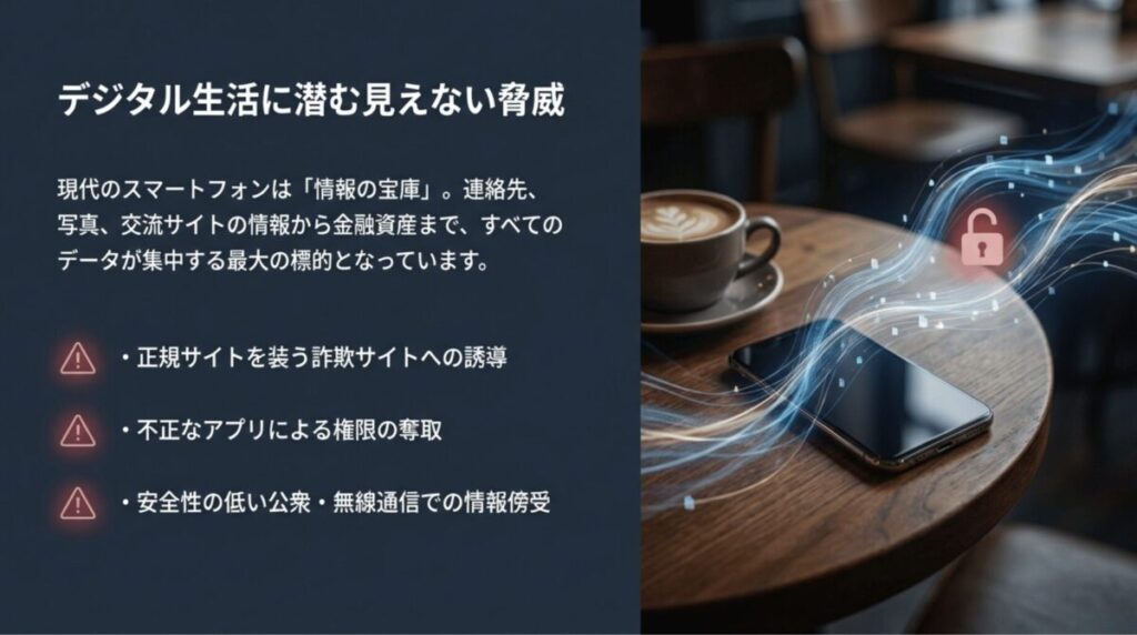 スマートフォンに集まる個人情報と、詐欺サイト誘導、不正アプリによる権限奪取、安全性の低い公衆Wi-Fiによる情報傍受のリスクを示したスライド。