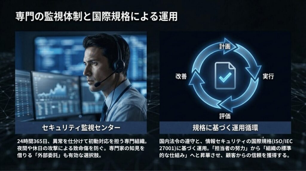 24時間365日のセキュリティ監視センターによる対応体制と、計画・実行・評価・改善を回すISMSの運用サイクルを並べて説明したスライド。