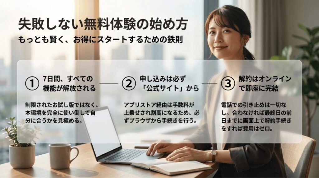 7日間の無料体験で全機能が使えること、申し込みは公式サイト経由が得であること、解約はオンラインで完結することを3つの手順で示したスライド。