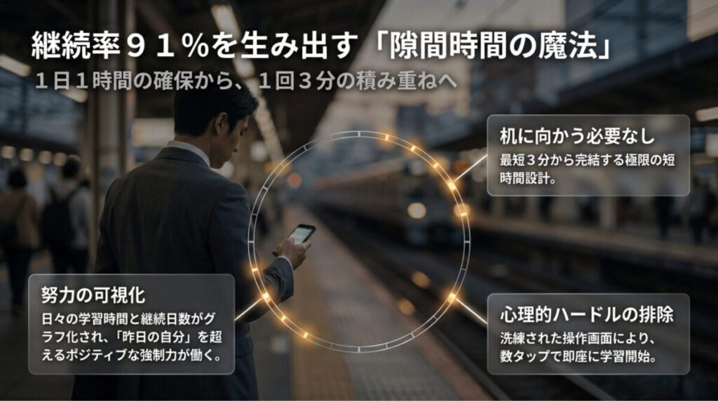通勤ホームでスマホ学習する人物を背景に、1回3分の短時間設計、努力の可視化、心理的ハードルの低さを示した継続率91%の解説スライド。