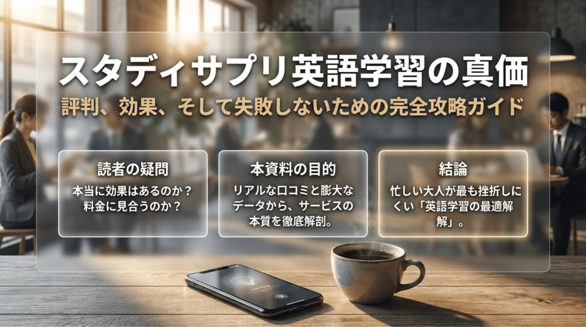 スタディサプリENGLISHの評判、効果、料金に関する全体像を示す導入スライド。読者の疑問、本資料の目的、結論を3つのボックスで整理している。