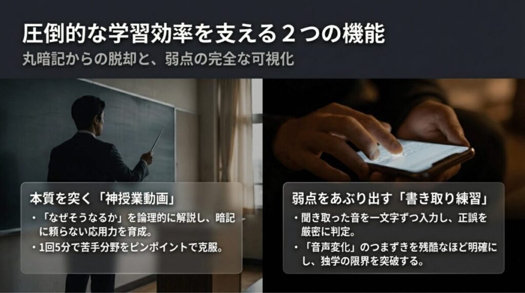 神授業動画で英文法の本質理解を促し、書き取り練習で音声変化の弱点を可視化する2つの学習機能をまとめたスライド。