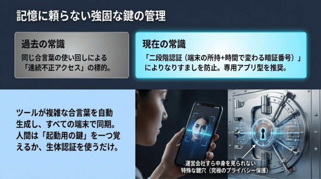 同じパスワードの使い回しによる危険性と、二段階認証アプリ、パスワード管理ツール、生体認証を組み合わせた安全な認証管理の考え方を示したスライド。
