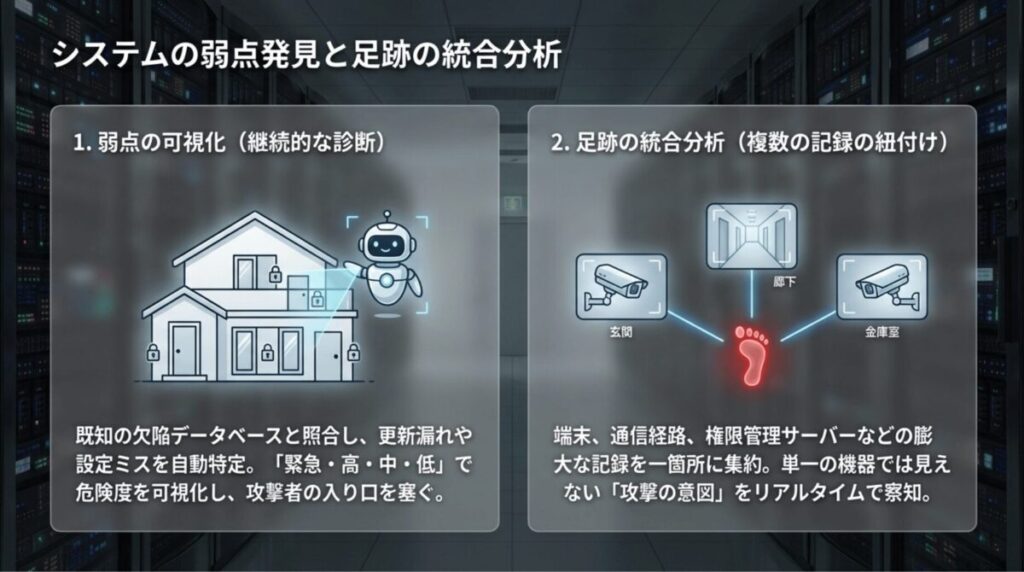 既知の脆弱性データベースと照合して弱点を可視化する診断と、複数機器のログをまとめて分析して攻撃の意図を察知するSIEMの役割を示したスライド。