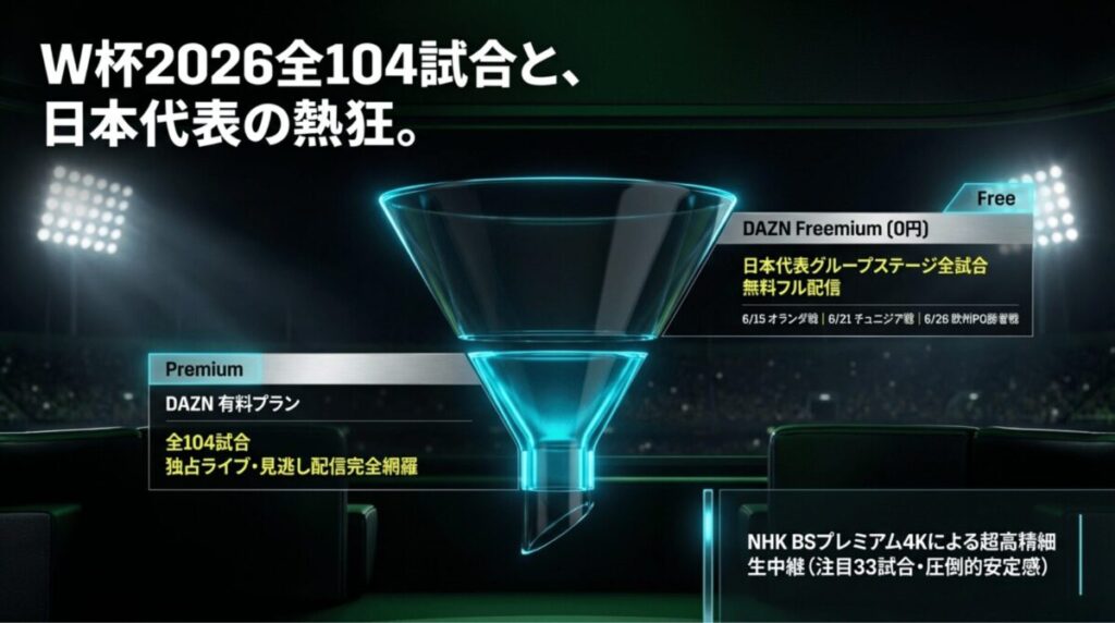 W杯全104試合を独占ライブ配信するDAZN有料プラン、日本代表戦を無料配信するDAZN Freemium、およびNHK BSプレミアム4Kによる高精細放送の比較表。
