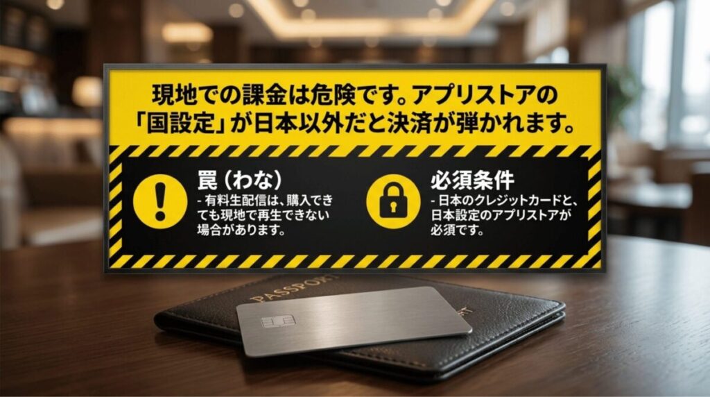 海外滞在中のABEMA課金ではアプリストアの国設定や日本の決済手段が重要であることを示す注意喚起画像
