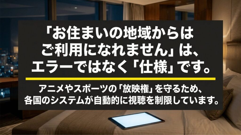 ABEMAで「お住まいの地域からはご利用になれません」と表示される理由が放映権による仕様であることを説明する画像