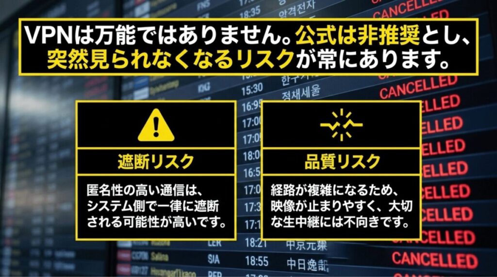 VPNはABEMAの公式推奨環境外であり、遮断リスクや通信品質低下のリスクがあることを示す画像
