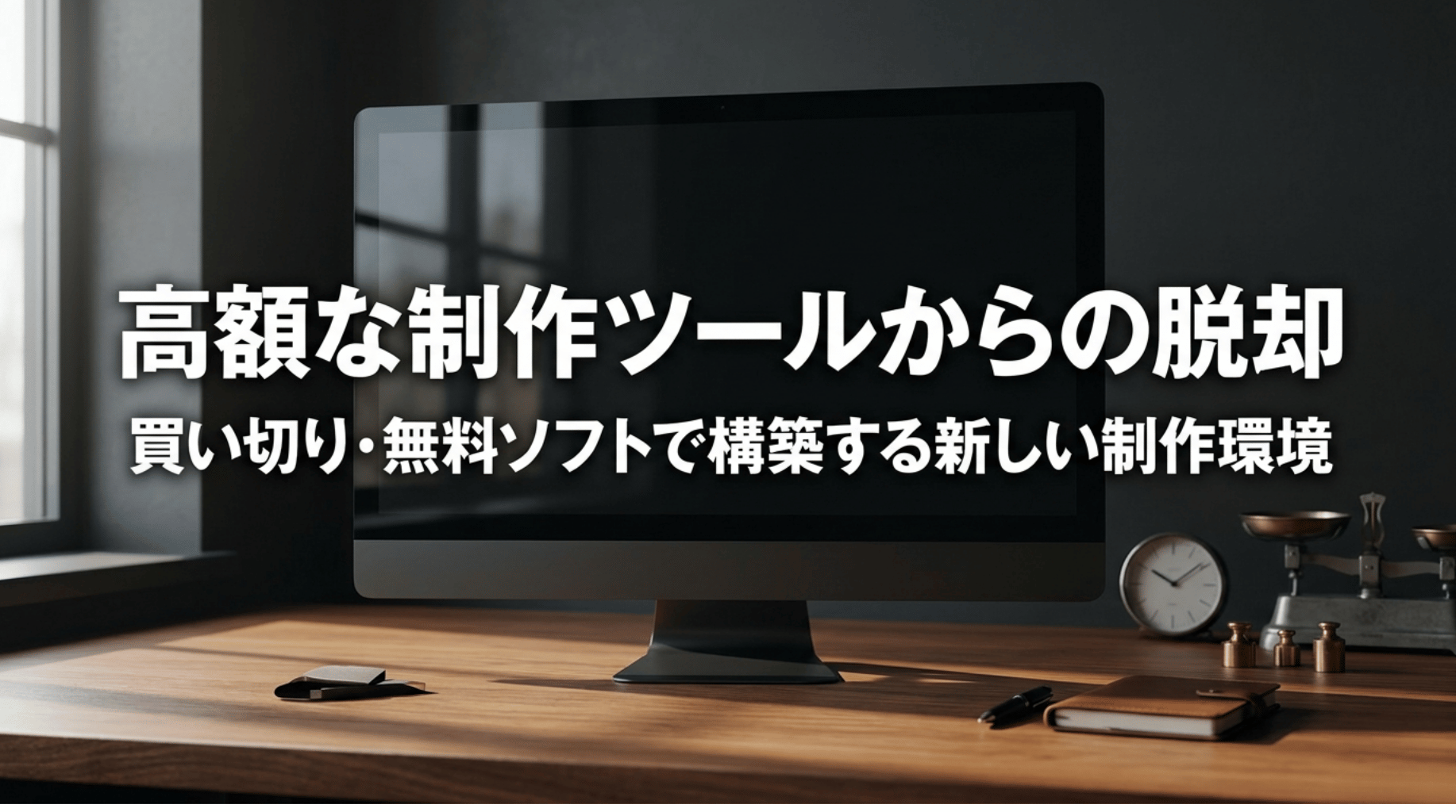 高額な制作ツールから脱却し、買い切りや無料ソフトで新しい制作環境を構築することを示したスライド