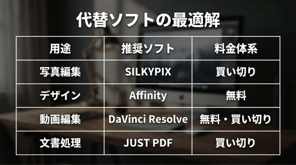 写真編集はSILKYPIX、デザインはAffinity、動画編集はDaVinci Resolve、文書処理はJUST PDFなど、用途別代替ソフトを整理したスライド