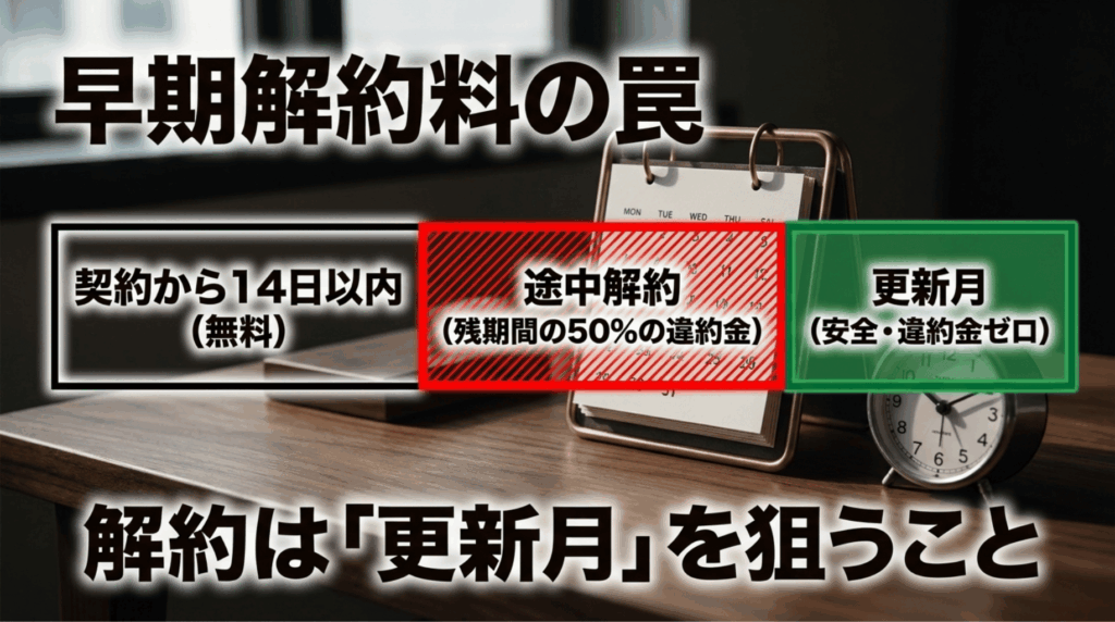 Adobeの年間プランでは契約後14日以内は無料、途中解約は残期間の50％、更新月は違約金ゼロになりやすいことを整理したスライド