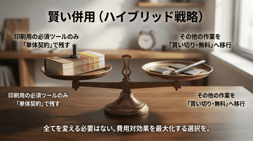 印刷などAdobeが必要な作業だけを単体契約で残し、その他の作業を買い切りや無料ソフトへ移行するハイブリッド戦略を示したスライド
