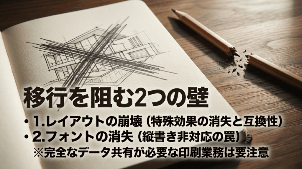 Adobe代替ソフトへの移行時に起こりやすいレイアウト崩れ、特殊効果の消失、フォント消失、縦書き非対応の課題を示したスライド