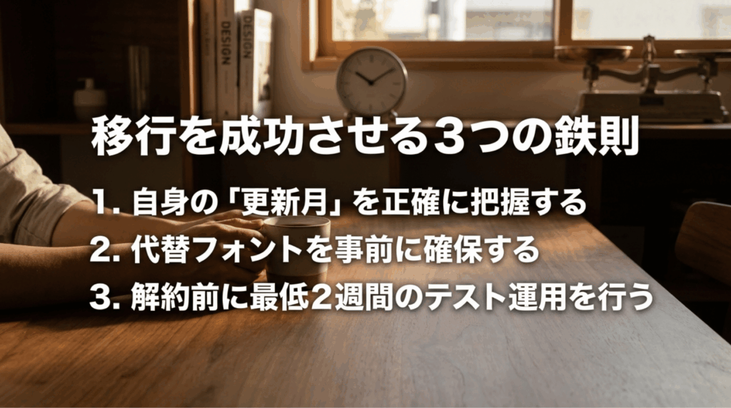 Adobeからの移行を成功させるために、更新月の把握、代替フォントの事前確保、解約前の最低2週間テスト運用が重要であることを示したスライド