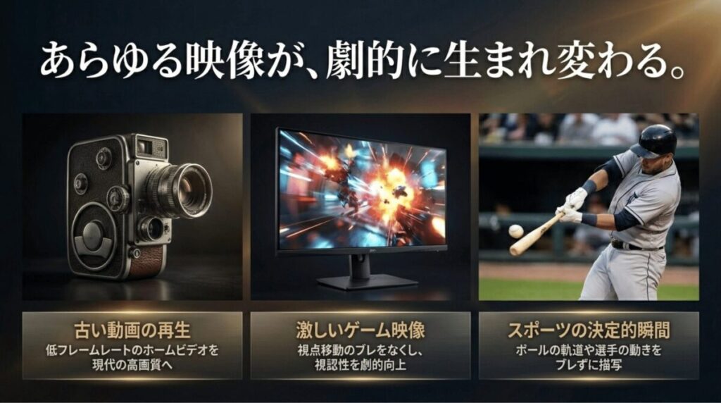 古い動画、ゲーム映像、スポーツ動画を例に、AIフレームレート変換で映像体験が向上することを示した比較画像