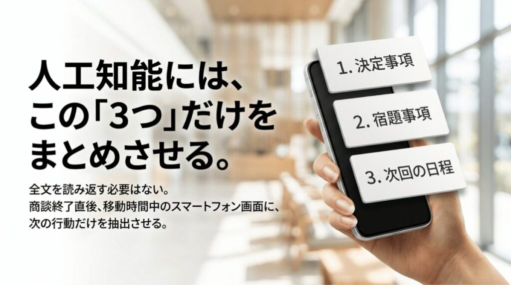 AI文字起こし後の要約で、決定事項・宿題事項・次回の日程だけを抽出すると効率的であることを示したスライド