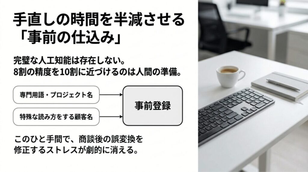 専門用語やプロジェクト名、顧客名を事前登録することでAI文字起こしの修正時間を減らせることを示したスライド
