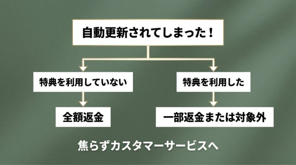Amazonプライムが自動更新された後、特典利用の有無によって全額返金や一部返金の可能性が分かれる流れ