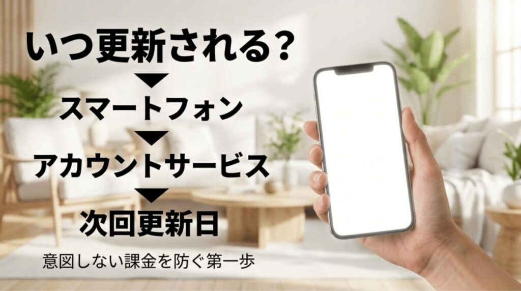 スマートフォンからアカウントサービスを開き、Amazonプライムの次回更新日を確認する流れ