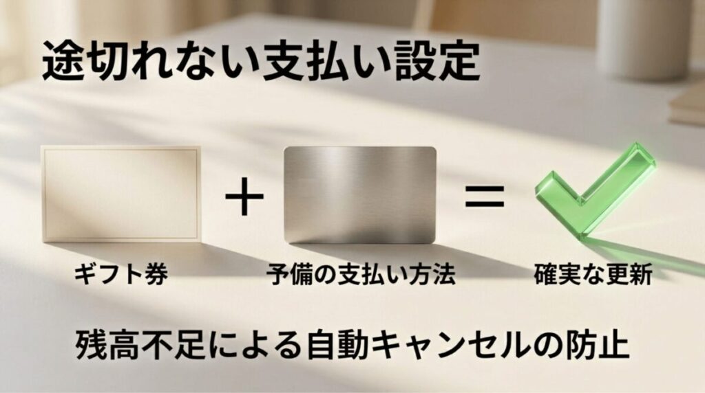 Amazonギフト券残高と予備の支払い方法を組み合わせて、Amazonプライムの更新失敗を防ぐ説明図