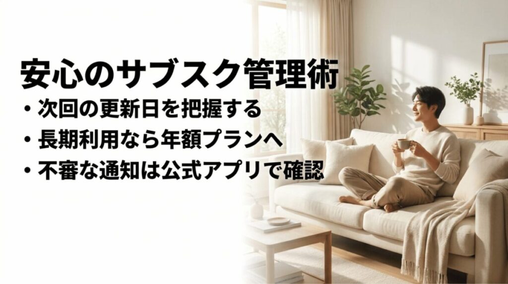 Amazonプライムの次回更新日確認、年額プランの検討、不審な通知の公式確認をまとめたスライド