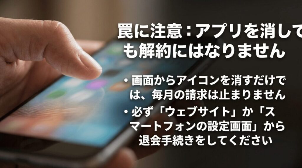 スマートフォン操作の背景に、アプリを消してもAudibleの解約にはならないことを警告するスライド