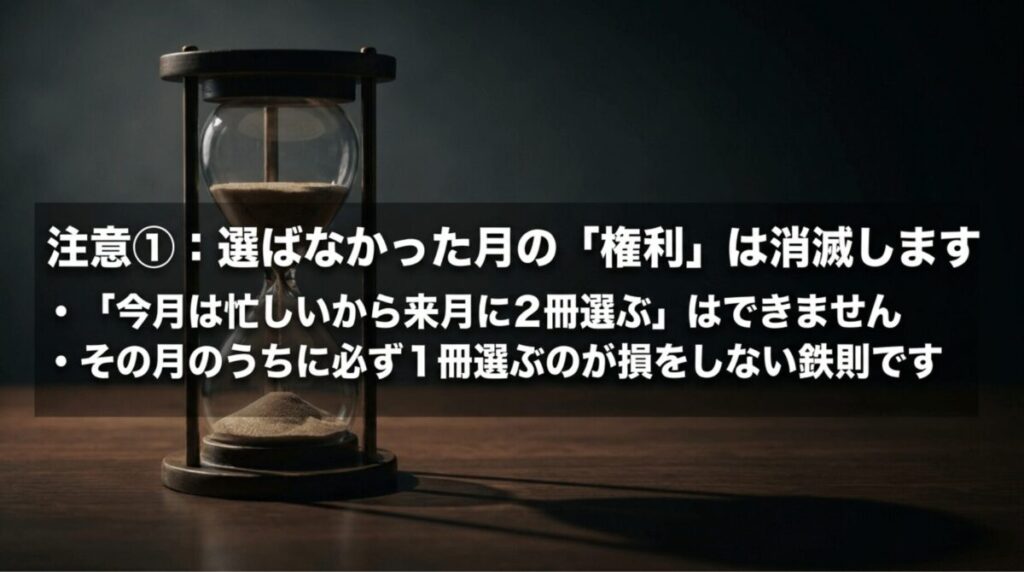 砂時計の背景に、選ばなかった月の権利は消滅し翌月に2冊選べないことを説明した注意スライ
