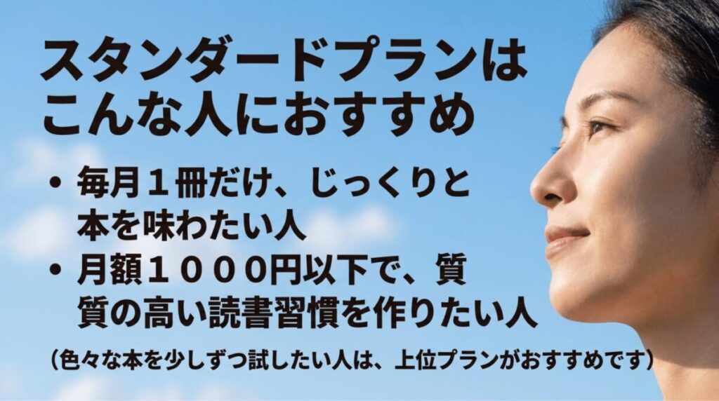 青空を背景に、毎月1冊をじっくり聴きたい人や月額1000円以下で読書習慣を作りたい人におすすめと示したスライド