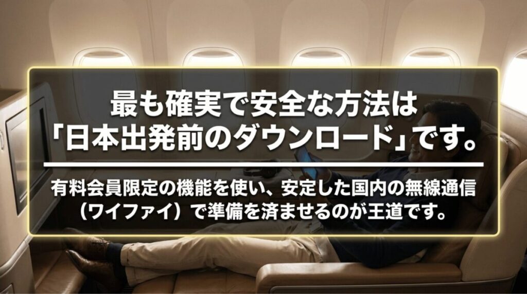 ABEMAプレミアムの動画ダウンロード機能を日本出発前に使うのが安全な方法であることを示す画像
