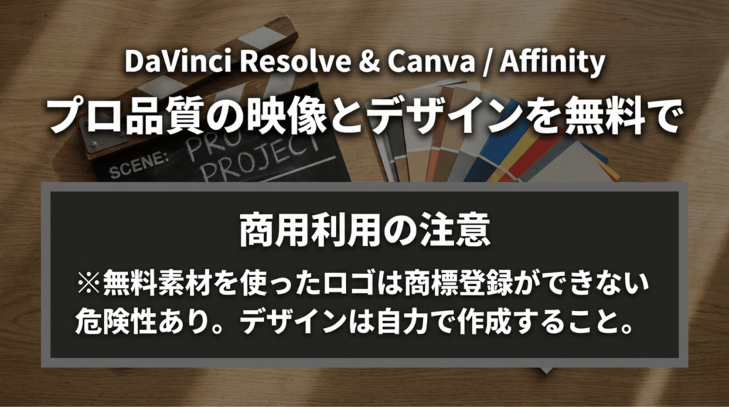 DaVinci ResolveやCanva、Affinityを無料で活用できる一方、無料素材を使ったロゴは商標登録できない可能性があることを示したスライド